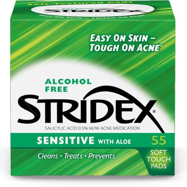 Stridex Medicated Acne Pads for Sensitive Skin, Alcohol-Free, 55 pad  ضمادات ستريدكس الطبية لعلاج حب الشباب للبشرة الحساسة، خالية من الكحول، 55 قطعة