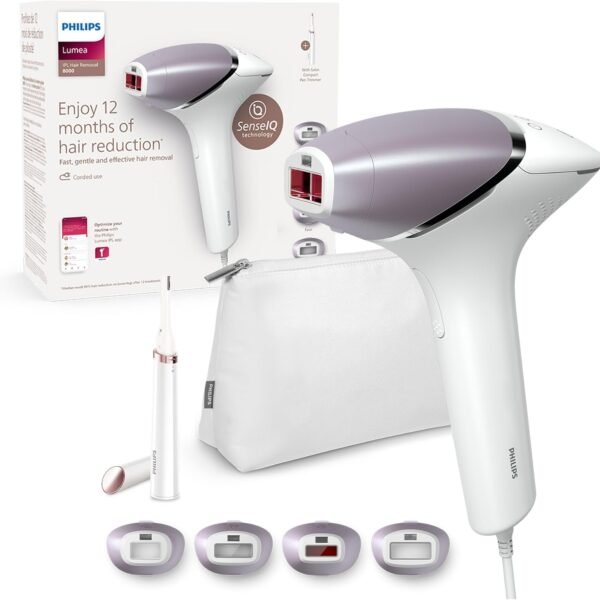 Philips Lumea Épilateur à lumière pulsée Série 8000 - épilateur avec technologie SenseIQ, 4 embouts et tondeuse-stylo Satin Compact, utilisation filaire (modèle BRI949/00)