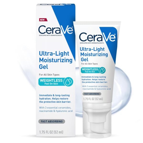 CeraVe Ultra-Light Moisturizing Gel, Hydrating Gel Face Moisturizer  with Ceramides, Niacinamide, Hyaluronic Acid, Fragrance Free, Oil-Free, Mattifying Moisturizer, 1.75 FL Oz