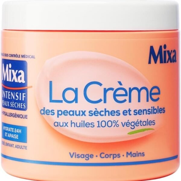 Mixa Intensif Peaux Sèches - La Crème des Peaux Sèches et Sensibles - Multi Usage Visage, Corps, Mains, Pieds - Nourrit 24h et Apaise - Pénétration Rapide - Hypoallergénique - Pot 400 ml